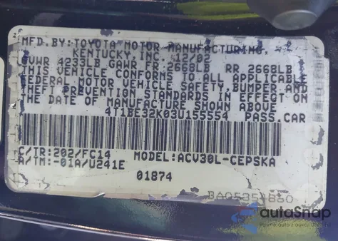 2003 Toyota Camry Se from USA, damaged, VIN 4T1BE32K03U155554